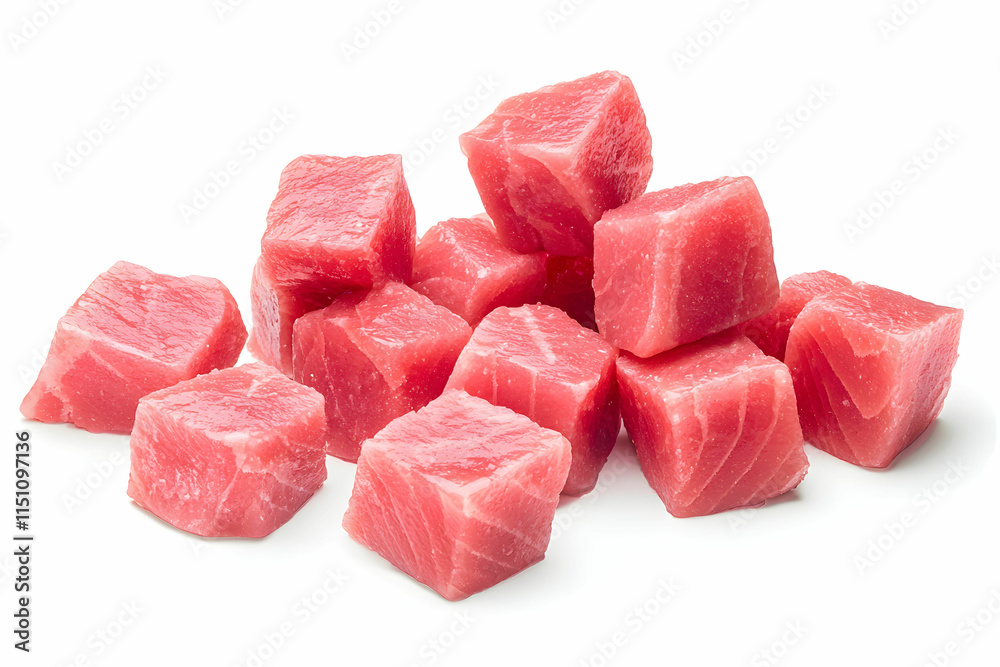 Fresh Raw Tuna Cubes for Sushi Preparation on White Background with Various Sizes of Chunks Fresh Raw Tuna Cubes for Sushi Preparation on White Background with Various Sizes of Chunks