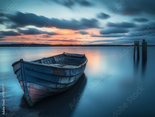 Captivating Cinematic View of an Abandoned Boat at Sunset with Stunning HDR Colors and Tranquil Waters