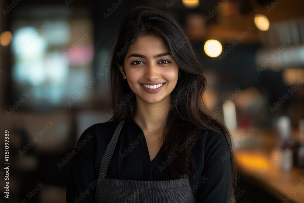 In a modern bar, a cheerful waitress of Indian descent in a black blouse and apron stands In a modern bar, a cheerful waitress of Indian descent in a black blouse and apron stands