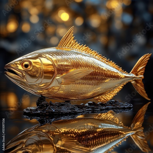 Golden albacore tuna sculpture resting on a reflective base with ambient lighting.