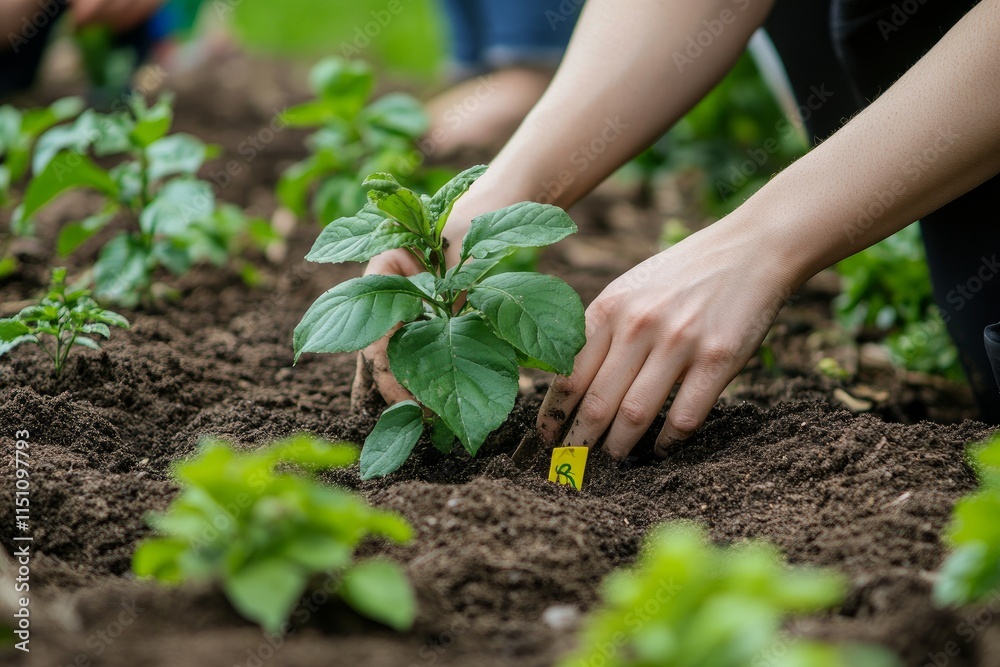 Close-up of hands carefully planting a tree sapling in a community garden, Earth Day community effort, vibrant greens, natural light. Close-up of hands carefully planting a tree sapling in a community garden, Earth Day community effort, vibrant greens, natural light.