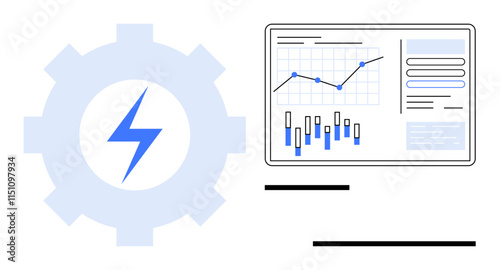 Blue lightning bolt inside a cogwheel and a screen displaying various graphs and bar charts. Ideal for business analytics, data visualization, energy sector, performance metrics, technical analysis