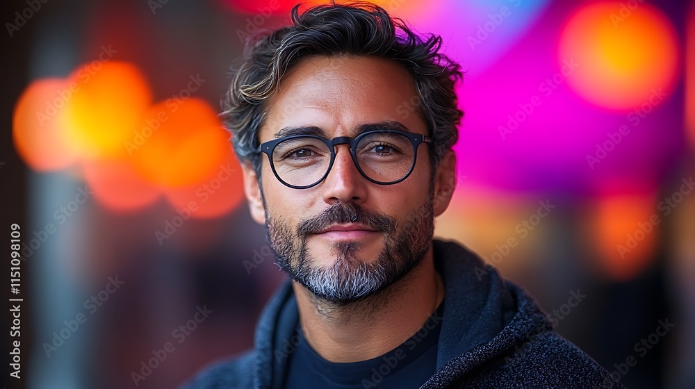 A Man With Glasses Poses Against A Blurred Cityscape Background A Man With Glasses Poses Against A Blurred Cityscape Background