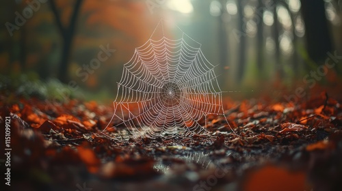 spider web glistens among fallen autumn leaves in a forest