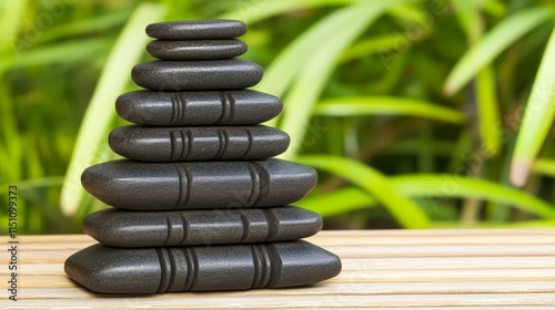 A serene stack of smooth black stones set against a lush green background symbolizes balance and tranquility, perfect for wellness, meditation, or nature-themed projects, photo