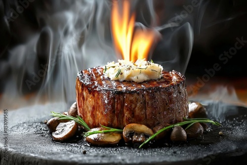 Gourmet Sizzling Steak Dinner Flamb Filet Mignon with Mushrooms photo