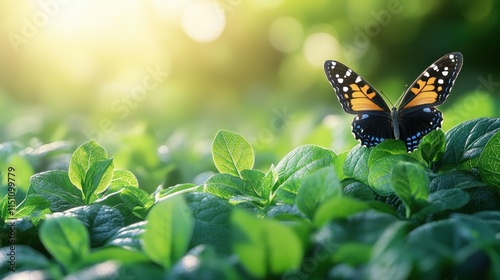 Butterfly on lush green foliage in sunlight.