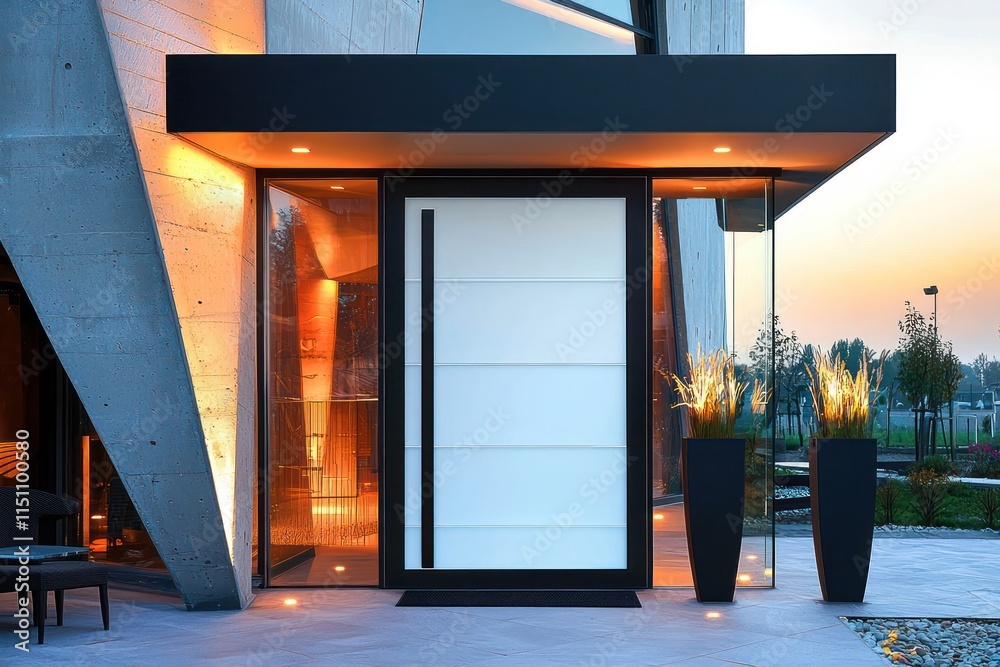 Obraz premium Frosted glass pivot door with black frame, surrounded by modern architectural design and lighting.