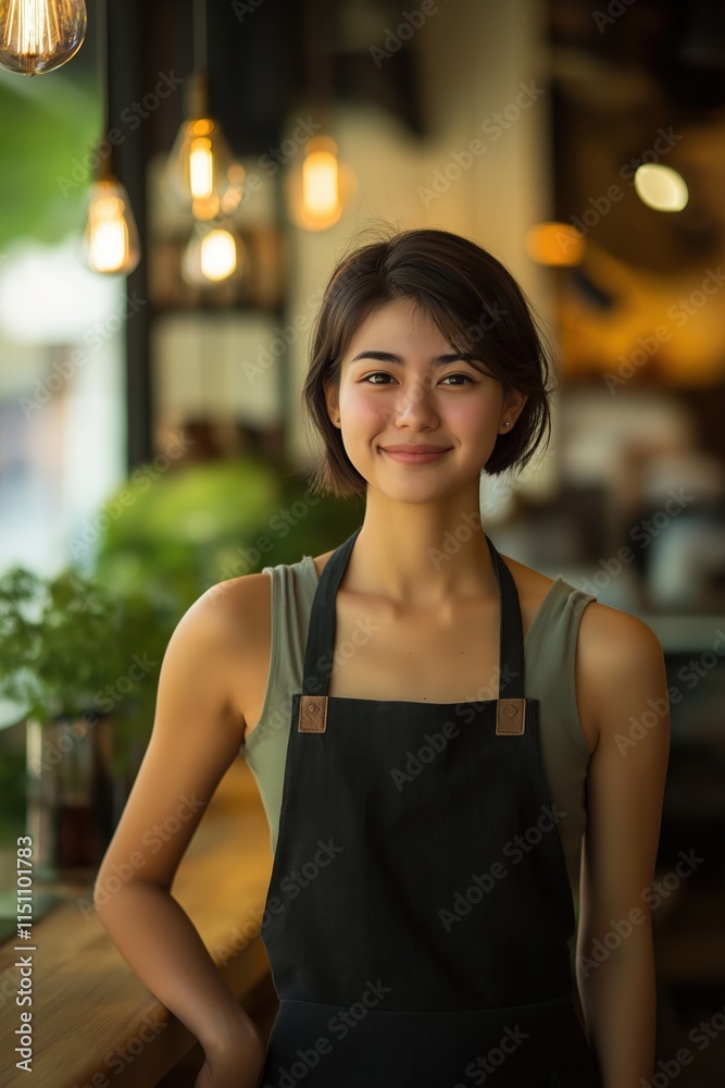 A friendly waitress with short hair leans on a counter in a warmly lit restaurant A friendly waitress with short hair leans on a counter in a warmly lit restaurant