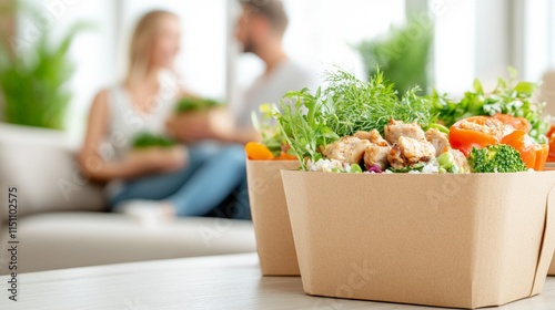 Food boxes with fresh food on the table on sunny day and blurred background with people on the sofa. Delivery in any weather around the clock to the client. photo