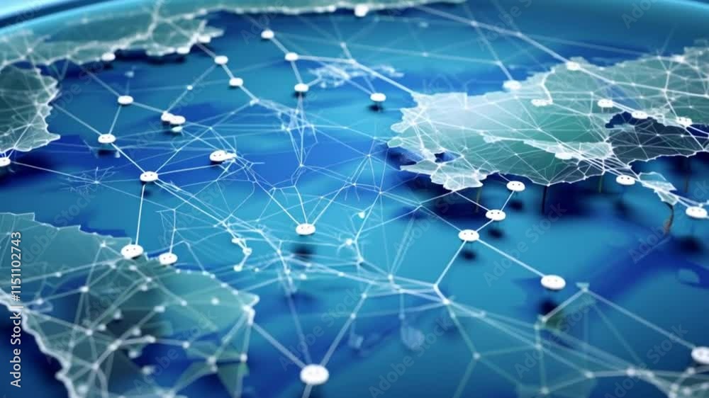 Animated digital map featuring interconnected location pins ...