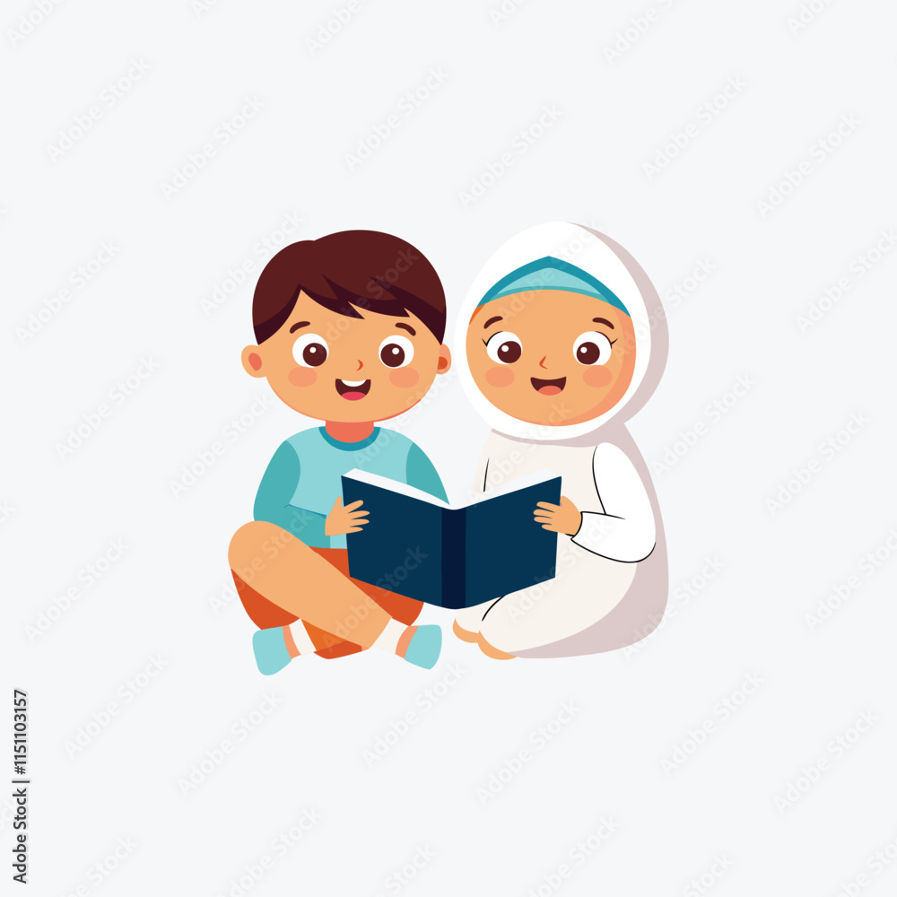 Muslim kids reading Quran and Islamic books vector illustration Muslim kids reading Quran and Islamic books vector illustration