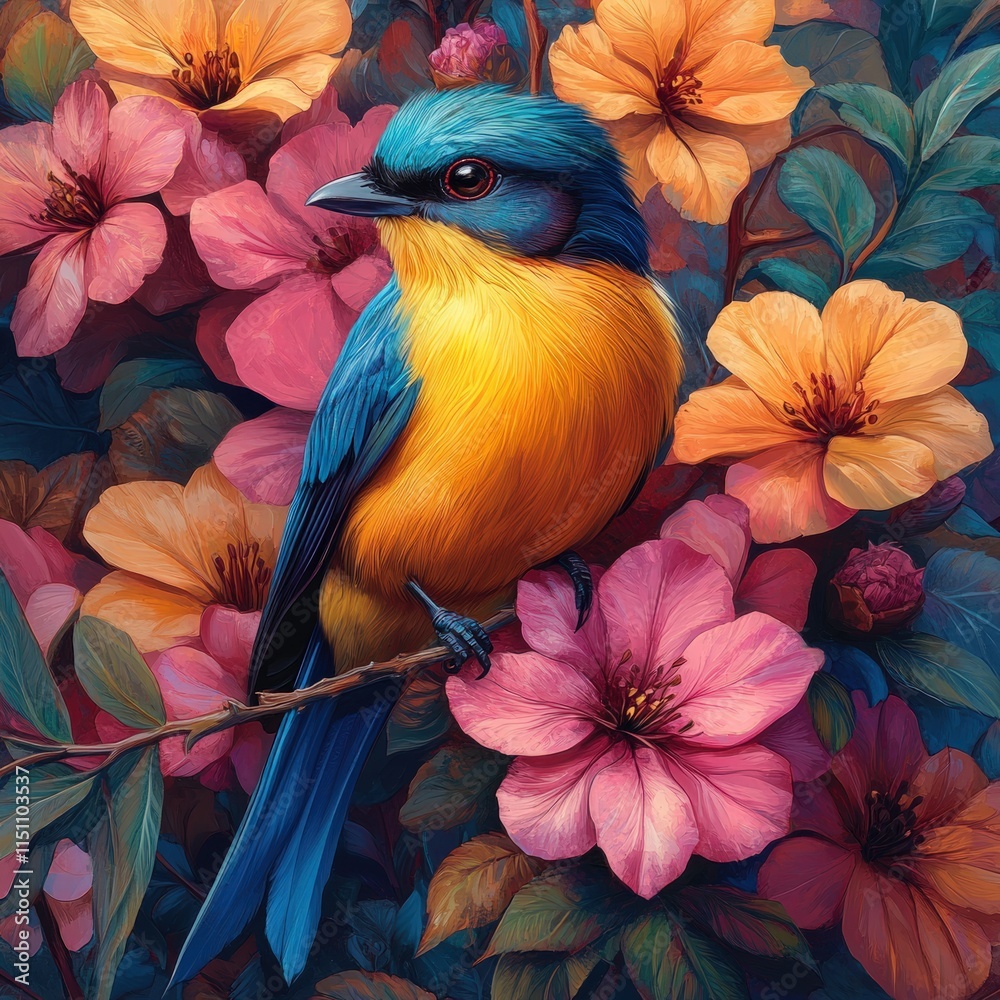 Obraz premium Vibrant bird perched amidst colorful blooms.