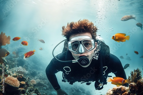 portrait of young male marine biologist diving underwater surrounded by fish and coral with soft light streaming through photo