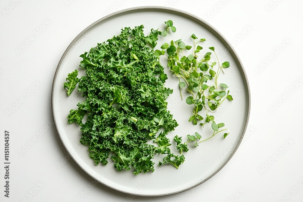 minimalist flat lay of chopped kale and microgreens arranged on matte white plate under soft directional light minimalist flat lay of chopped kale and microgreens arranged on matte white plate under soft directional light