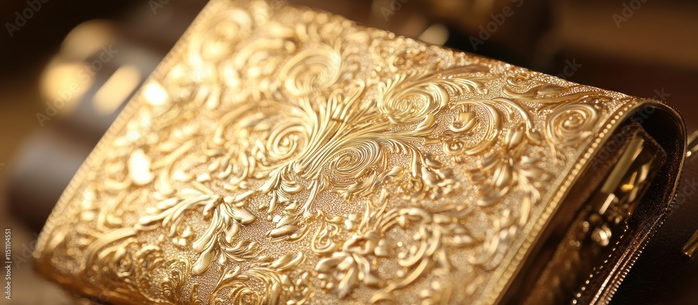 A luxurious gold-plated stock wallet, ornate filigree patterns, shining and glamorous, A luxurious gold-plated stock wallet, ornate filigree patterns, shining and glamorous,