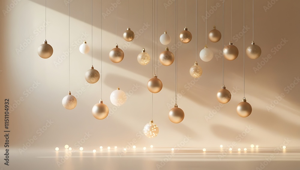 Obraz premium Elegant gold and white Christmas ornaments hanging gently