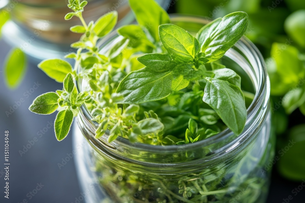Macro shot of a recycled glass jar being used as a planter for herbs, Earth Day upcycling, clean and modern. Macro shot of a recycled glass jar being used as a planter for herbs, Earth Day upcycling, clean and modern.