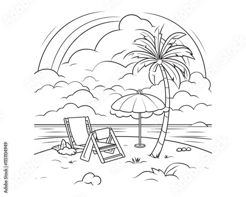 Tropical beach scene with palm trees coloring page vector illustration