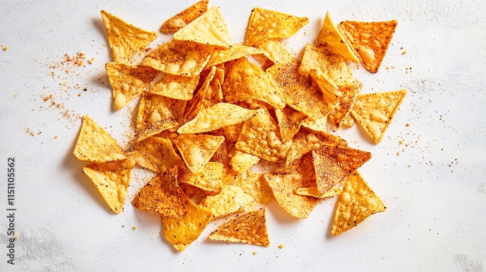 vibrant mix of tortilla chips with visible seasoning scattered symmetrically on matte white surface under bright natural vibrant mix of tortilla chips with visible seasoning scattered symmetrically on matte white surface under bright natural