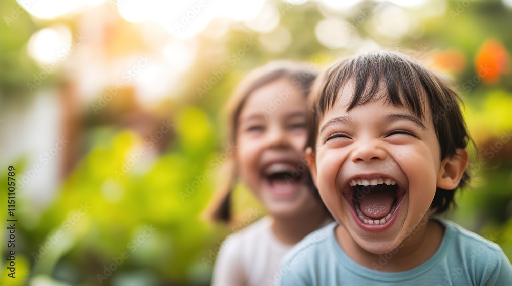 close-up of siblings laughing while playing outdoors with blurred garden in background close-up of siblings laughing while playing outdoors with blurred garden in background