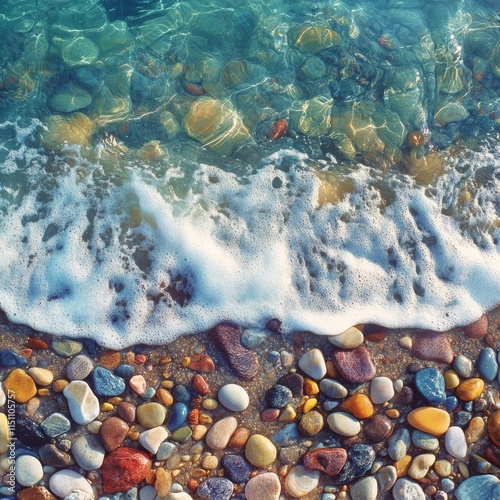 Colorful pebbles and transparent waves on a warm evening.
