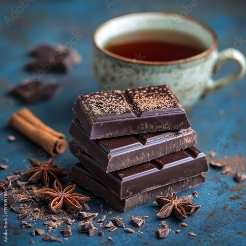 Chocolate, anise, cinnamon, and tea on a blue table.