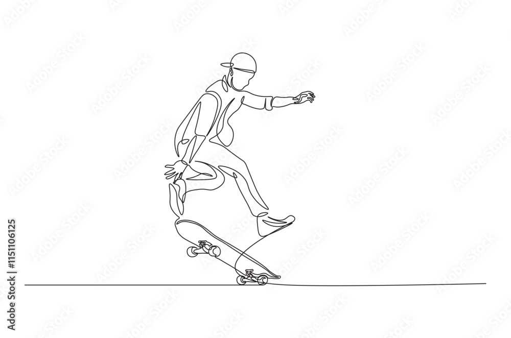 Man playing skateboard continuous one line drawing. Skateboard player single line art illustration. Editable vector. Man playing skateboard continuous one line drawing. Skateboard player single line art illustration. Editable vector.