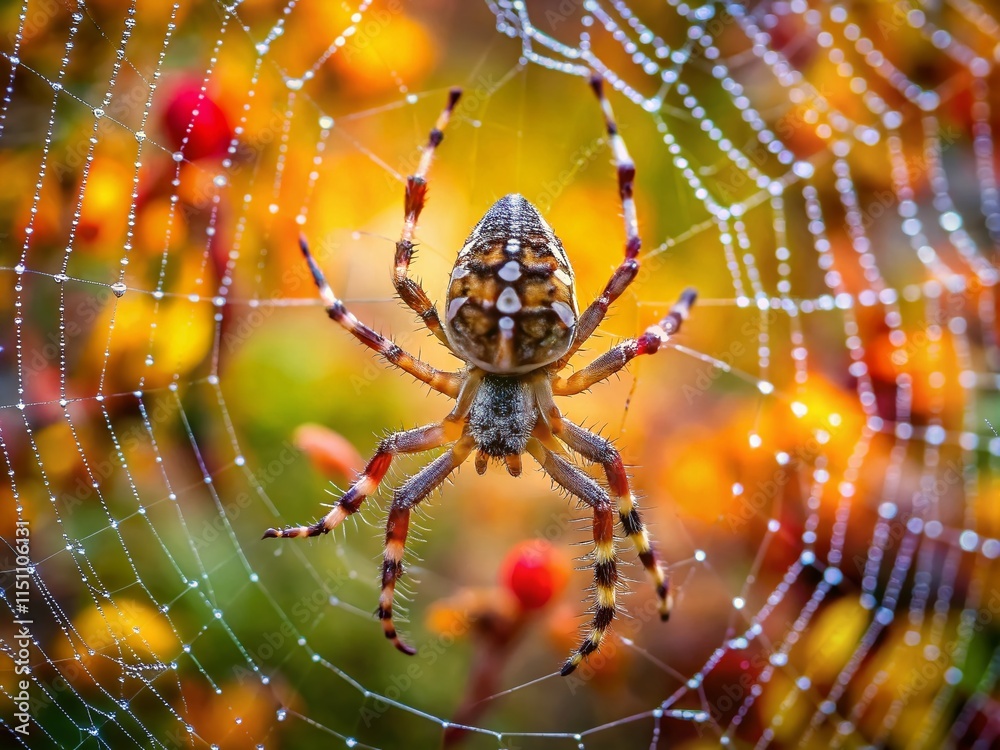 Creepy Spider Web Macro Autumn, Dew Drops, Hunting Predator Creepy Spider Web Macro Autumn, Dew Drops, Hunting Predator