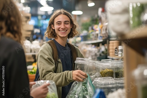 Wallpaper Mural portrait of young entrepreneur in zero-waste grocery store surrounded by glass containers and bulk bins smiling while Torontodigital.ca