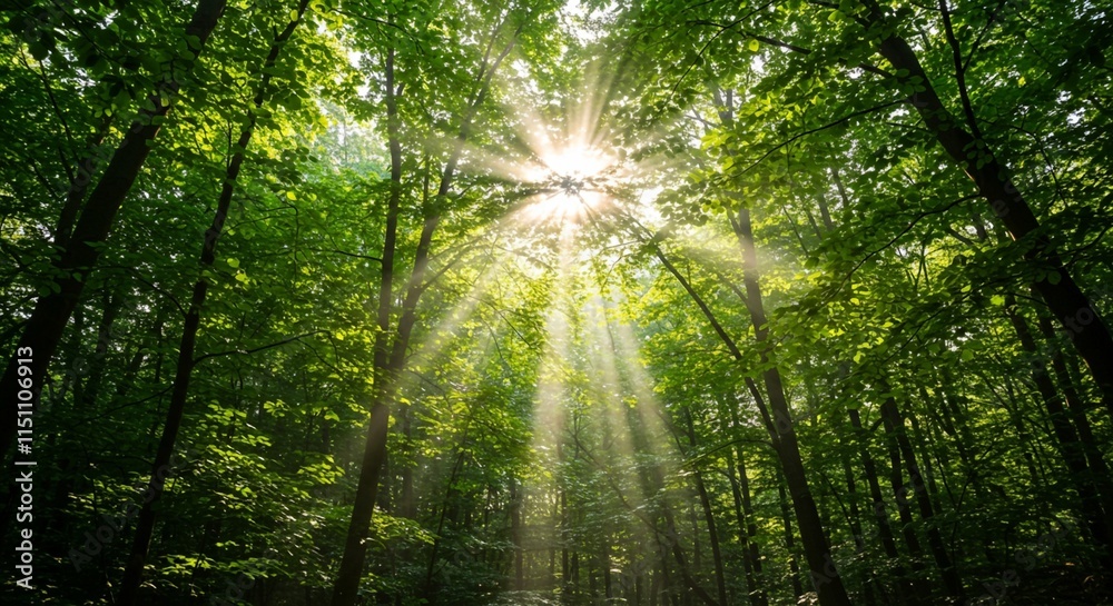 Tranquil forest scene with sunlight streaming through the leaves Tranquil forest scene with sunlight streaming through the leaves