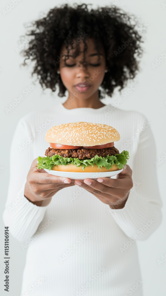 black woman holding large hamburger with lettuce and tomato, looking pleased black woman holding large hamburger with lettuce and tomato, looking pleased