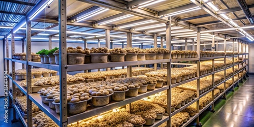 Indoor mushroom cultivation setup with growing trays, logs, and grow lights, mushrooms, cultivation, indoor, growing