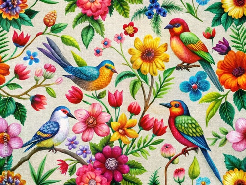 Wallpaper Mural Seamless Floral Print, Digital Embroidery, Birds & Leaves Torontodigital.ca