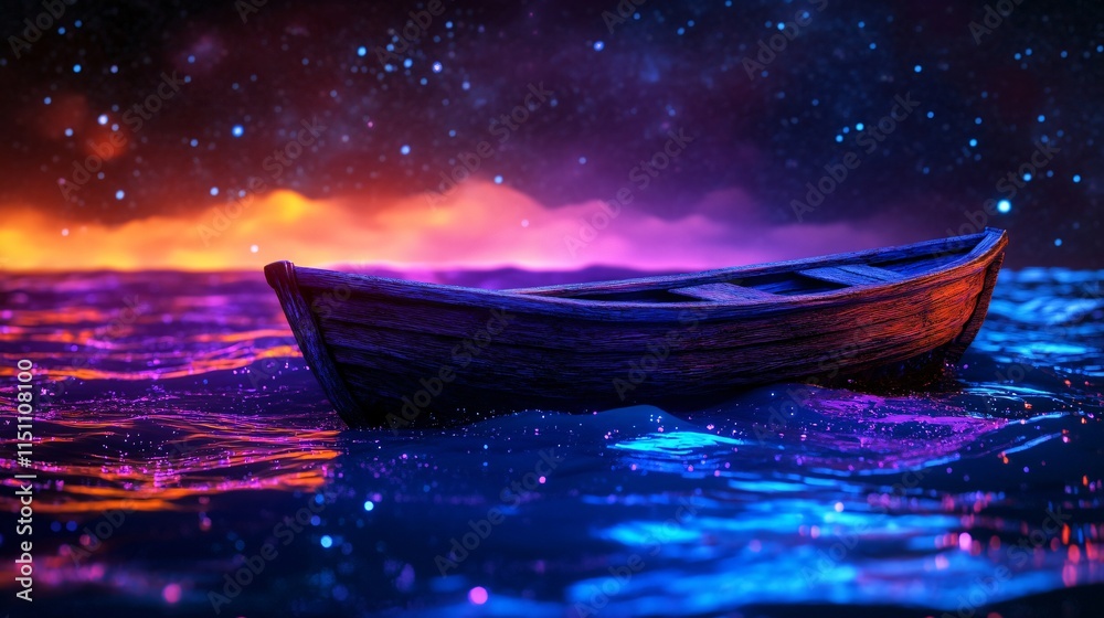 Fototapeta premium Ethereal Boat Floating on Vibrant Cosmic Water at Night