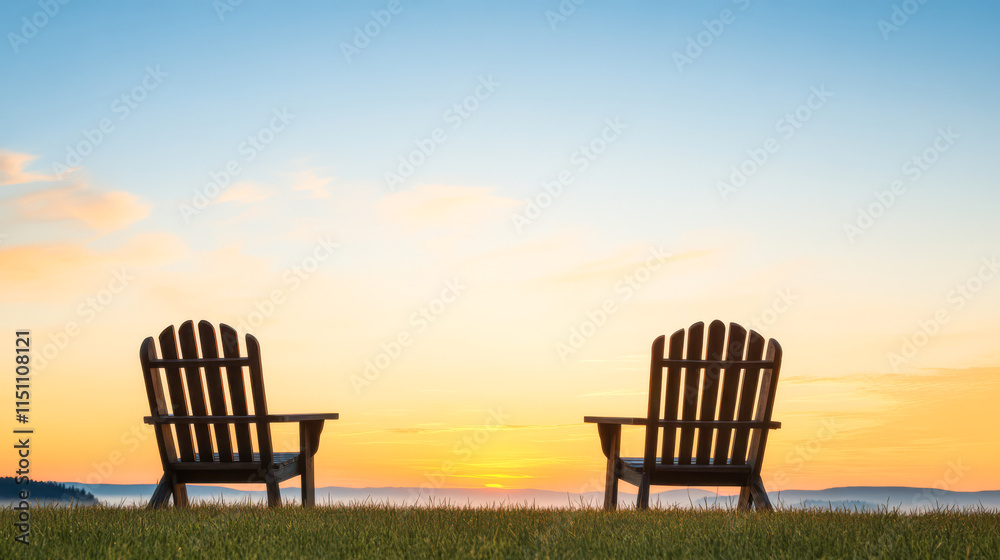 Sunset over peaceful chairs in a tranquil open field by the water Sunset over peaceful chairs in a tranquil open field by the water