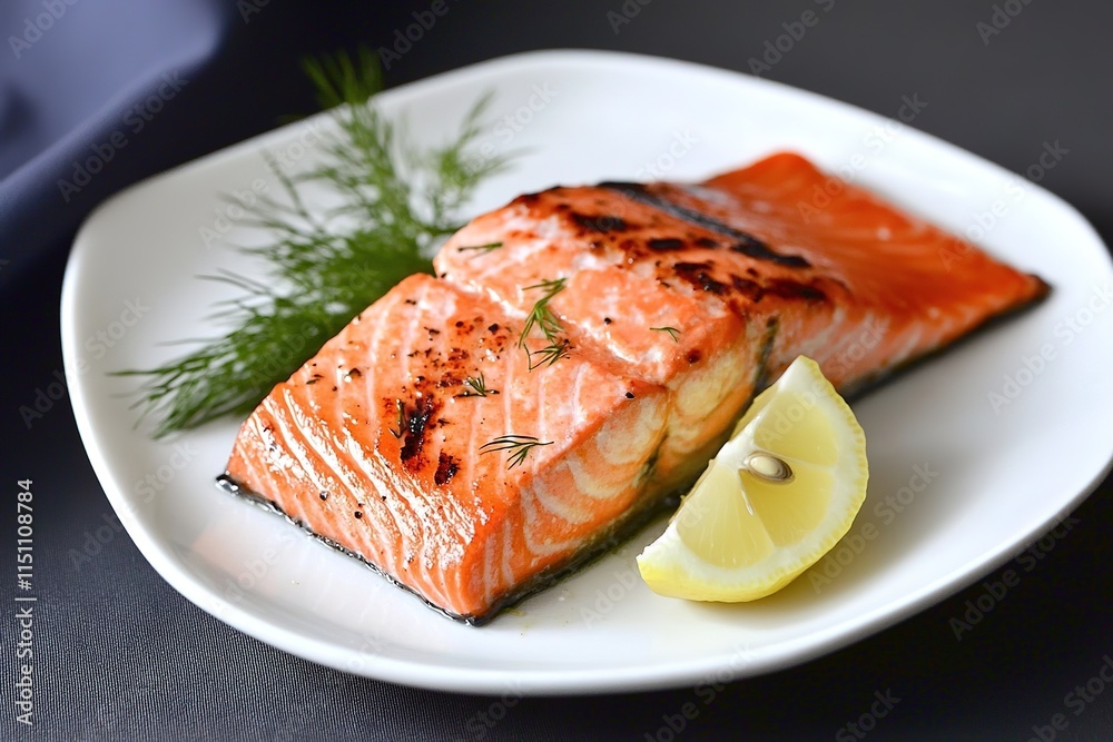 grilled piece of salmon fillet on white ceramic plate garnished with fresh lemon wedge and sprig of dill grilled piece of salmon fillet on white ceramic plate garnished with fresh lemon wedge and sprig of dill