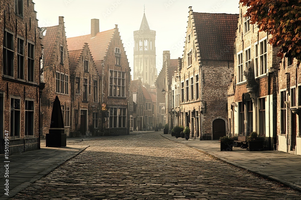 Fototapeta premium quiet village square in bruges belgium with medieval buildings and cobblestone streets