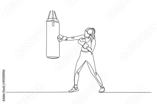 Woman hitting the heavy bag continuous one line drawing. Boxer training with the punchbag single line art illustration. Editable vector.
