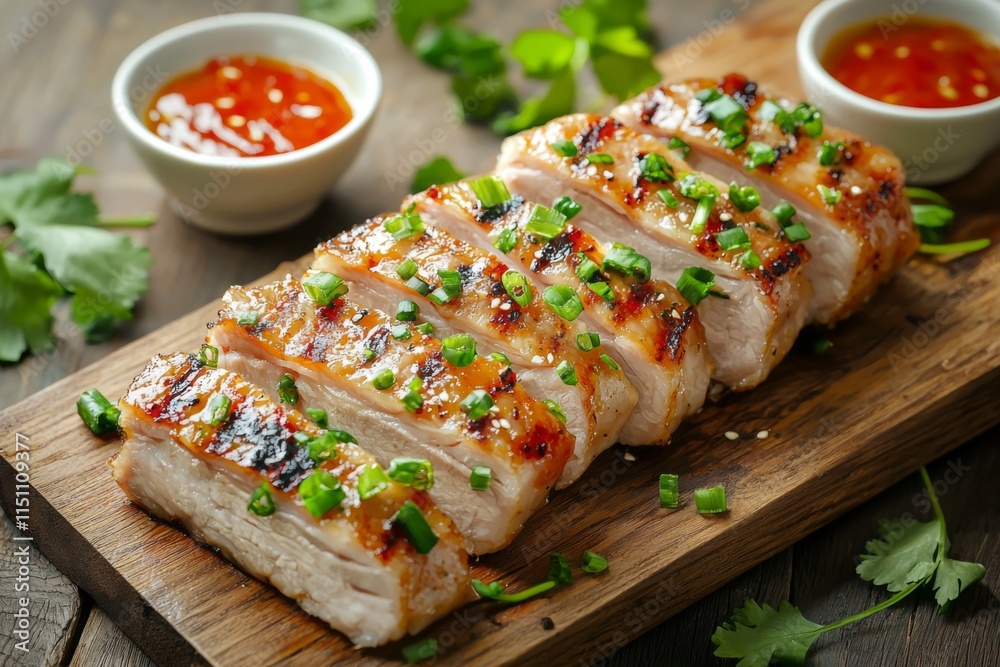 Delicious Grilled Pork Belly Slices with Dipping Sauces Delicious Grilled Pork Belly Slices with Dipping Sauces