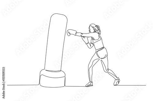 Woman hitting the heavy bag continuous one line drawing. Boxer training with the punchbag single line art illustration. Editable vector.