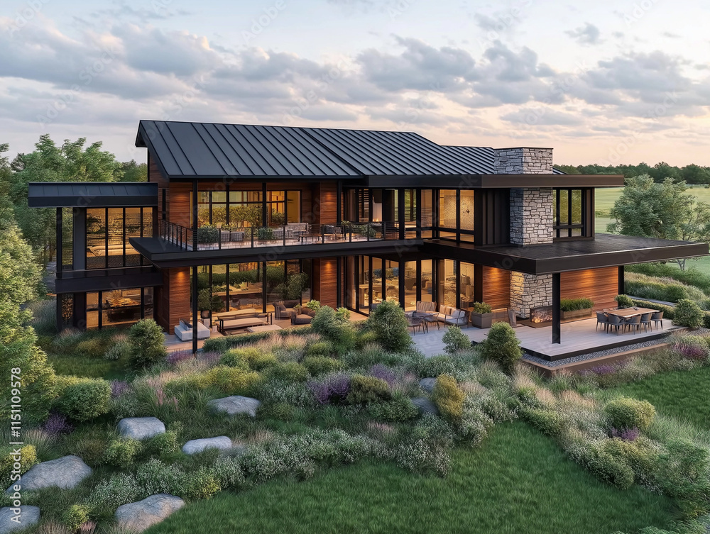 Modern Architectural Retreat: A sleek, contemporary home with a stunning panoramic view, boasting a blend of wood and glass accents, a spacious deck, and lush landscaping. Modern Architectural Retreat: A sleek, contemporary home with a stunning panoramic view, boasting a blend of wood and glass accents, a spacious deck, and lush landscaping.