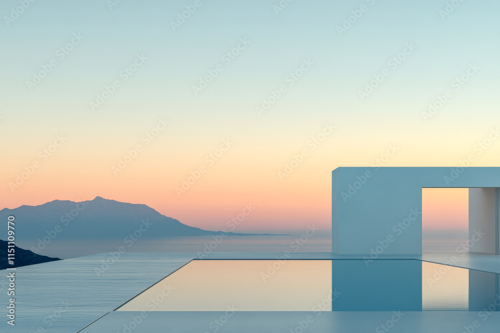 Fototapeta premium Tranquil sunset overlooking mountains from a modern infinity pool