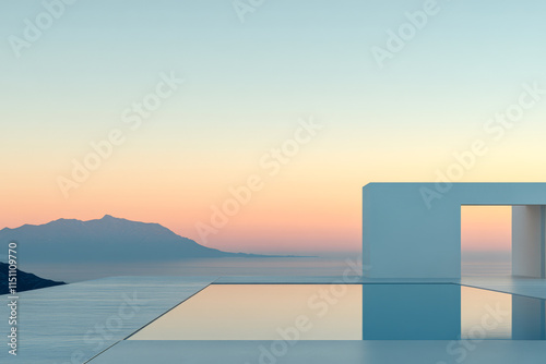 Tranquil sunset overlooking mountains from a modern infinity pool