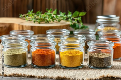 close-up of assortment of upcycled glass jars turned into storage containers for spices displayed on rustic kitchen photo