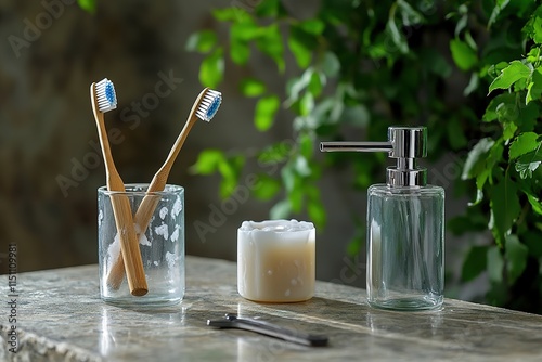 still life of sustainable bathroom setup featuring bamboo toothbrush glass soap dispenser and metal razor arranged