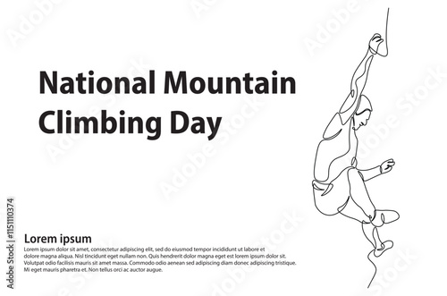 Person doing an extreme sport climbing a rocky mountain continuous one line drawing. climber lifestyle and rock climbing single line art illustration. Editable vector.