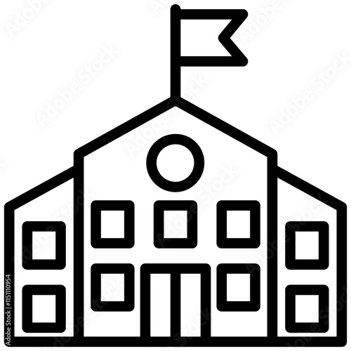 School Building Icon, Black And White Outline Icon Symbol