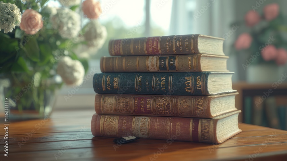 Stack of antique books on wooden table near flowers. Stack of antique books on wooden table near flowers.