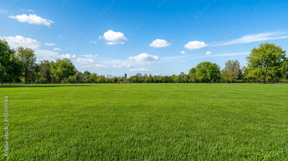 Fototapeta premium Expansive green park with a clear blue sky and distant city skyline